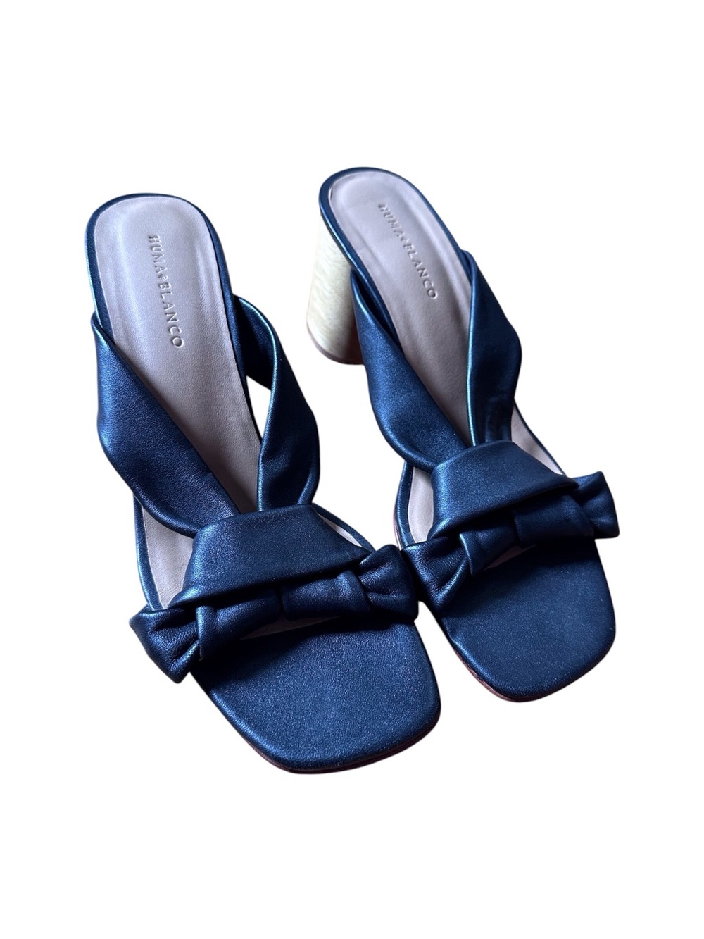 Renae Blanco Navy Bow Block Heel Mules